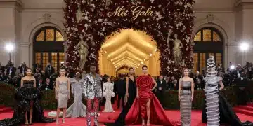 Celebrities arriving at the Met Gala, showcasing intricate fashion inspired by historical periods.