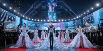 Futuristic red carpet event showcasing digital fashion influences and celebrity engagement in 2026.