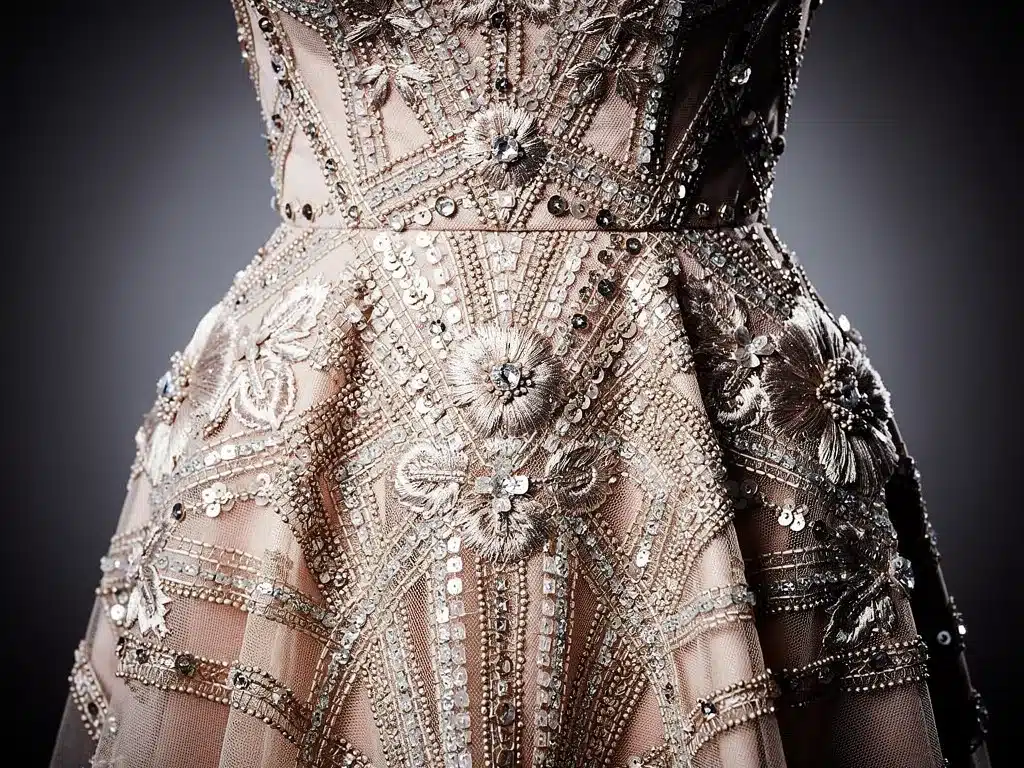 Intricately beaded gown by a leading red carpet designer, highlighting exquisite craftsmanship.