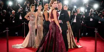 Celebrities in glamorous red carpet gowns, showcasing innovative designs for the 2026 season.