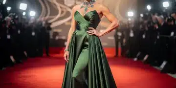 Celebrity in 2026 red carpet ensemble featuring futuristic sustainable necklace