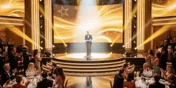 Vibrant award show stage with spotlight and applauding audience members.