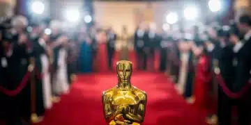 Golden award statuette with a blurred red carpet event in the background, symbolizing unforgettable award show moments.