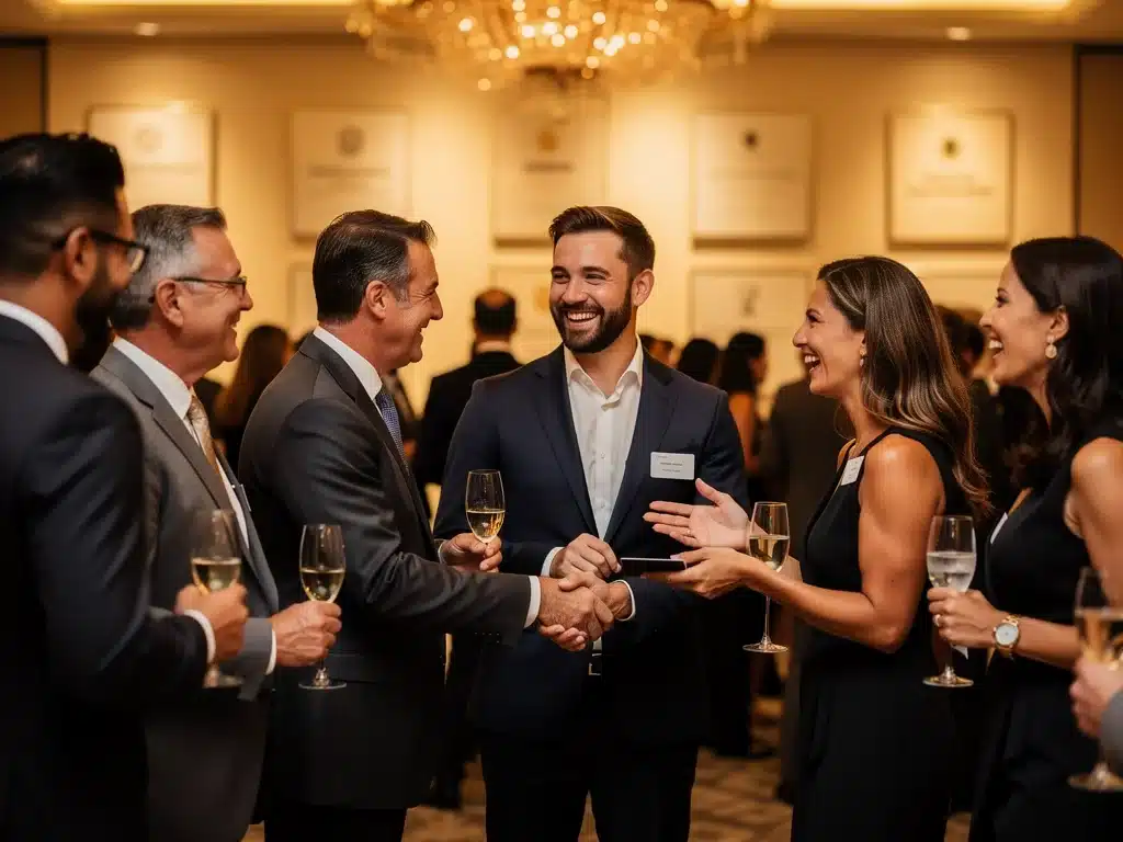 Professionals networking at an event, symbolizing enhanced industry connections.