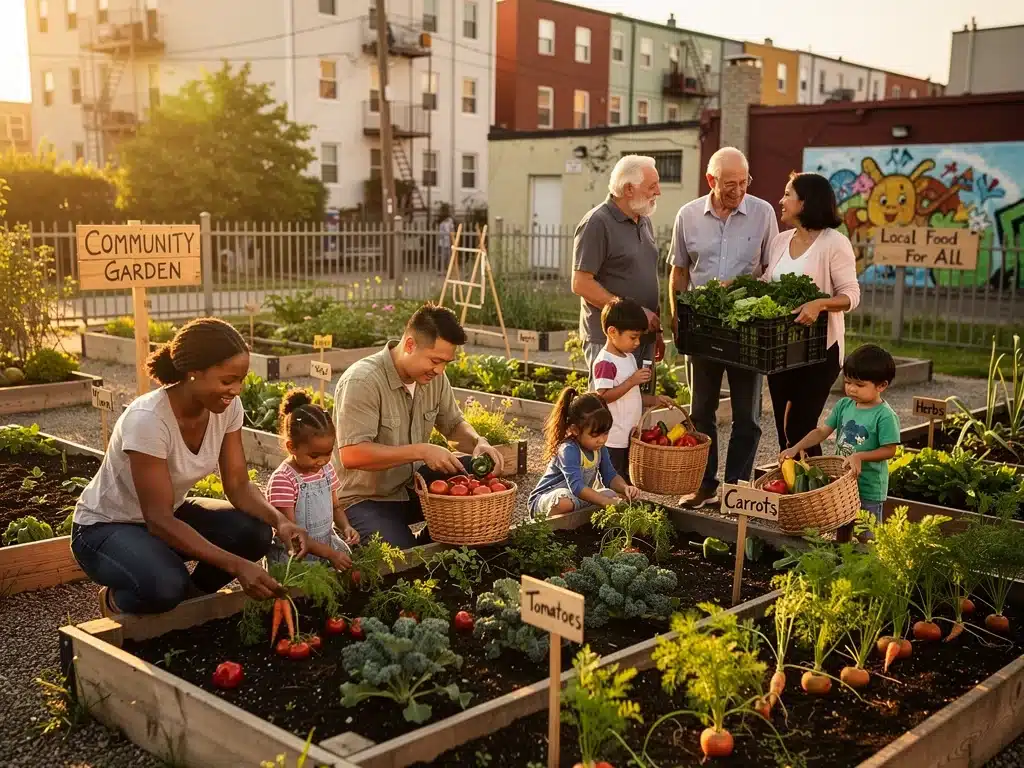 Community garden scene with families harvesting fresh produce, highlighting local food initiatives.