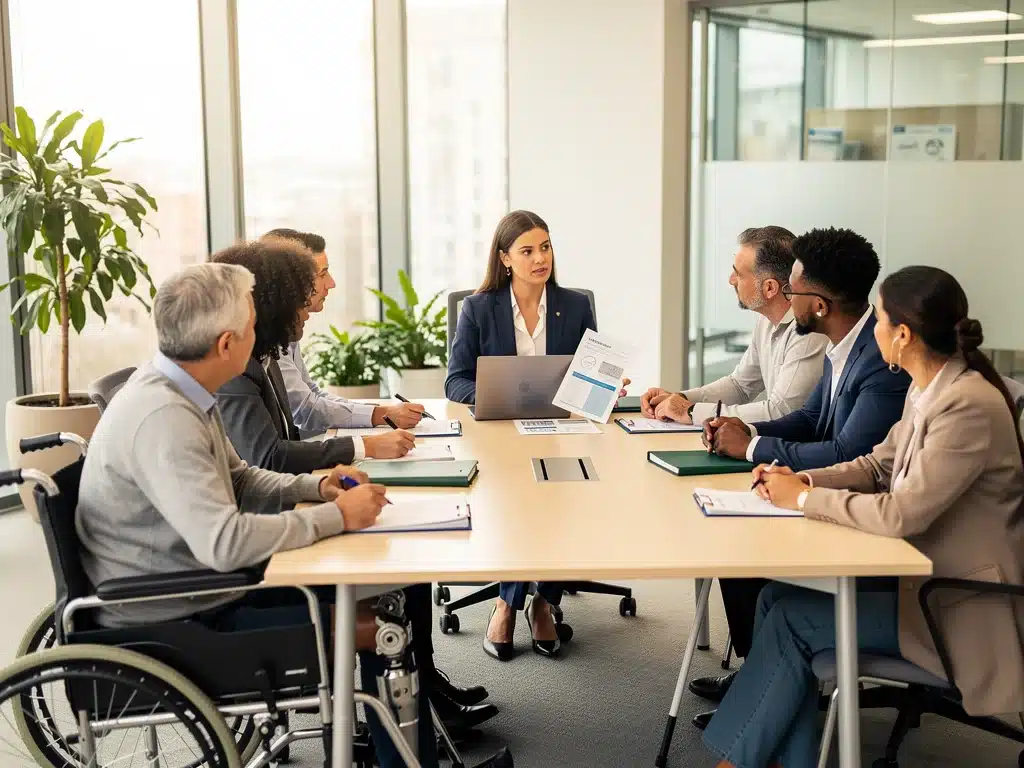 Diverse group consulting disability benefits advocate