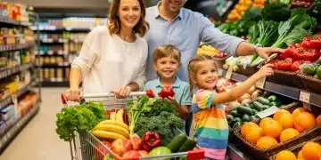 Diverse family happily selecting fresh produce in a bright grocery store, symbolizing healthy food access.
