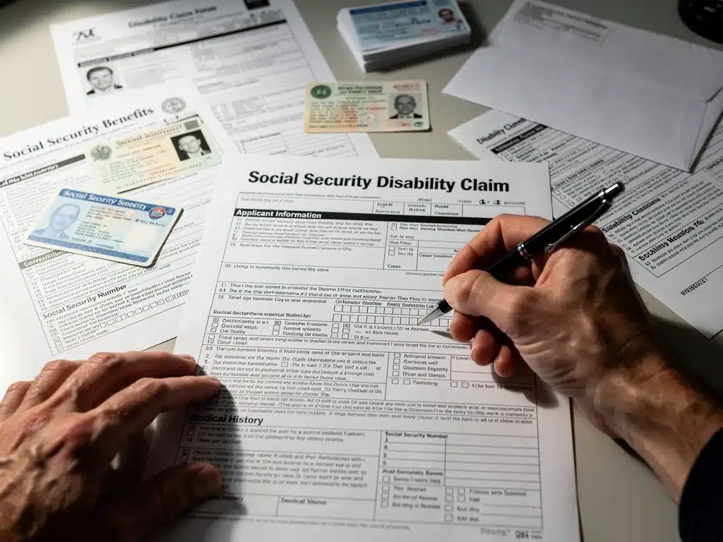 Hands completing Social Security disability application forms