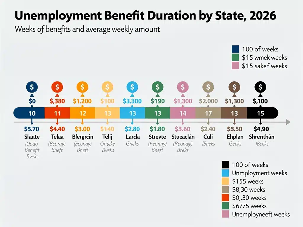 Timeline graphic showing unemployment benefits duration and weekly amounts by state