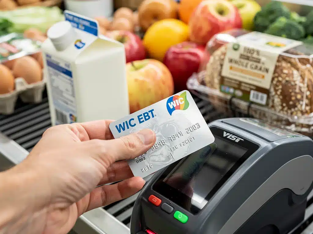 WIC EBT card being used at a grocery checkout for healthy food purchases.